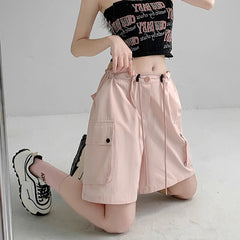 Hnewly Y2K Cargo Shorts Women Harajuku Black Oversized Wide Leg Shorts Summer New Streetwear Fashion High Waist Baggy Short Pants New