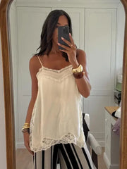 Hnewly Sexy Lace Patchwork Sling Top Women V-neck Sleeveless Side Split Solid Color Vests New Summer Evening Party Vacation Tops