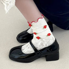 Hnewly Retro Red Mary Jane Shoes Women Thick Heels Ankle Buckle Lolita Shoes Woman Student French Square heel shallow mouth single shoe