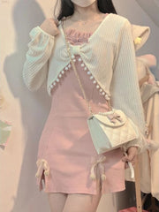 Hnewly Knitted Kawaii Lolita Two Piece Set Women Japanese Cute Sweet Dress Suit Female Korean Bow Pink Dress + Long Sleeve Coat