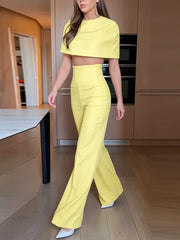 Hnewly Solid Yellow Pant 2 Pieces Set Women's Stand Collar Cloak Tops Lapel Blazer High-waist Long Pants New Ladies Office Outfit