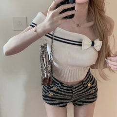 Hnewly Korean Bow Knit Knitted Short Sleeve Women Korean Fashion Stripe One Shoulder Female Tops Sexy Slim Crop Top 2000S Aesthetic