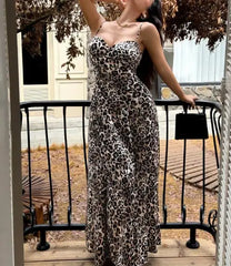 Hnewly Women's Elegant Suspender Print Long Skirt Dress, Leopard Print Maxi Dress with Sweetheart Neckline