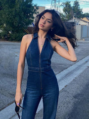 Hnewly Denim Jumpsuit V Neck Zipper Bell Sleeveless Sexy Outifts Elegant Backpacker Party Summer