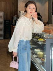 Hnewly Women Casual Chic Puff Sleeve Loose Elegant Spring Retro All-match Kawaii Ladies Summer New Solid Korean Style Button
