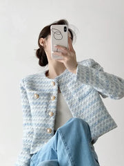 Hnewly Autumn Winter Women Elegant Tweed Cardigan Short Coat With Pocket Single Breasted Jacket For Women Loose Outwear
