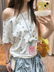 Hnewly Skew Collar Off Shoulder Short Sleeve T-shirts Vintage Embroidery White Top for Women Summer New All-match Tee Shirt