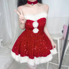 Hnewly Christmas Costumes Christmas Dress Up Glitter Adult Christmas Clothes Strapless Clothing Set Halloween Carnival Outfit
