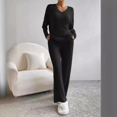 Hnewly Women's Straight Leg Pants Set Knitted Long Sve Casual Sle Autumn Collection Pure Color Two-Piece Suit Workwear orm
