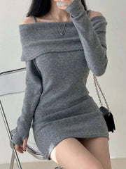 Hnewly Off Shoulder Suspender Lapel Knit Dress Women Korean Sexy Slim Bottomed Mini Dresses Autumn Winter Solid Suspender Sweater Dress
