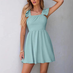 Hnewly Sweet Ruffle Sleeve Mini Dress - High Waist Backless Design with Bow Knot Tie for Vacation Beach