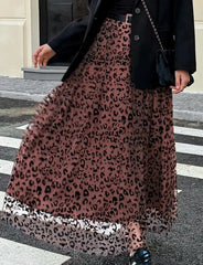 Hnewly Women's Casual Fashion Maxi Skirt Leopard Print Detail with Sheer Chiffon and Flowy Fit Suitable for Daily and Street Wear