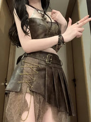 Hnewly Retro Fashion Spicy Girl Style Leather Halter TopTank Top Irregular Slimming Short Skirt Set Summer Two Piece Set Women Outfits