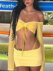 Hnewly Y2K Aesthetics Sexy Co-ord Sets Yellow 2000s Clubwear Off Shoulder Flare Sleeve Crop Tops and Micro Skirt 2 Piece Suits