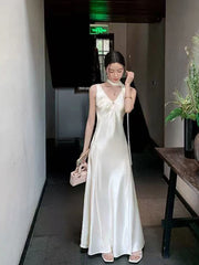 Hnewly Elegant Satin V Neck Dress Women Y2K Korean Chic Ribbon Slim Midi Dress Summer Sexy Hollow Out Folds Sleeveless Vestidos Mujer