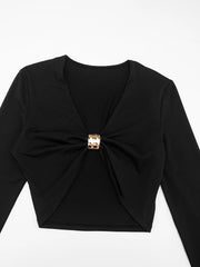 Hnewly Cutenew Sexy Autumn Ruched 2 Piece Set Women V-Neck Metal Buckle Full Sleeve Crop Tops+High waist Split Pant Basic Streetwear