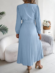 Hnewly Autumn Winter Elegant V-Neck Button Belt Long Sleeved Solid Color Pleated Long Dress For Women Dresses