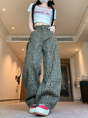 Hnewly Baggy Leopard Print Jeans for Women Retro American High Waisted Y2k Denim Pants Hip Hop Straight Wide Leg Cargo Jeans