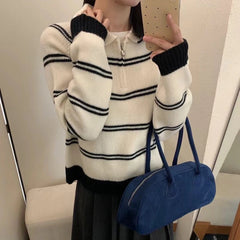 Hnewly Stripe Short Sweater Women's Korean Style Autumn Winter 2025 New Fashion Contrast Color Knitwear Long Sleeve Pullover Tops