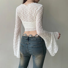 Hnewly Streetwear y2k Lace Smock T-shirt Solid White Flared Full Sleeve Bandage Cardigan Crop Top Women Vintage 2000s Tees Shirt