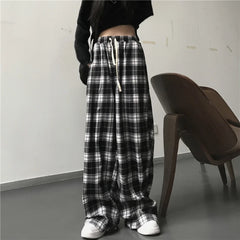 Hnewly Oversize Women Sweatpants Fashion Black Plaid Casual Pants Baggy Elastic Waist Pockets Student Unisex Hip Hop Loose Trousers