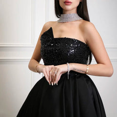 Hnewly Charming Black Pearls Strapless Sequin Sleeveless Evening Dress A-Line Sweep Train Custom Made Stain Zipper Prom Dress formal dress