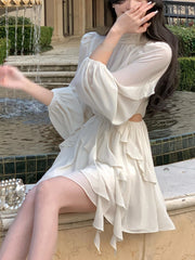 Hnewly Beach Style Chiffon Y2k Mini Dress Office Lady Casual Long Sleeve Elegant One Piece Dress Korean Fashion Clothing Summer