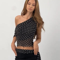 Hnewly Vintage Polka Dot Sleeveless Slim Crop Tops Y2K Sexy Sloping Shoulder Women's Vest 2025 Summer Casual Party Club Camis