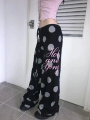 Hnewly Harajuku Polka Dot Wide Leg Trousers Y2k Aesthetic Women Letter Printing Casual Pants Vintage Grunge Drawstring Loose Pantalones