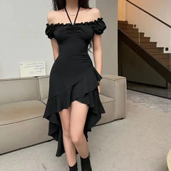 Hnewly Black Ruffled Irregular Summer New One-shoulder Waist-hugging Sexy Neck Strap Dress