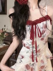 Hnewly French Elegant Evening Party Mini Dress Women Vintage Y2k Slim Bow Print Irregular Design Strap Dress Summer Beach Style Fashion