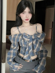 Hnewly Off Shoulder Bow Plaid Shirt Women Long Sleeve Slim Vintage Blouse Sexy Cropped Korean Female Sweet Retro Tops New Spring