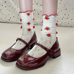 Hnewly Retro Red Mary Jane Shoes Women Thick Heels Ankle Buckle Lolita Shoes Woman Student French Square heel shallow mouth single shoe