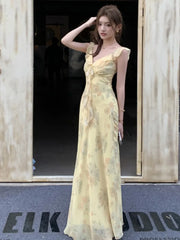 Hnewly French Women's Elegant Floral Printed Dress V-Neck Slim Fit Flying Sleeve Long Dresses Vacation Holiday Sexy Travel New Vestidos