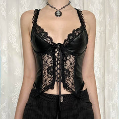 Hnewly Punk Sexy Bandage PU Vest Clubwear See Through Lace Patchwork Leather Crop Top Women Summer Skinny Corset Top Gothic Tees