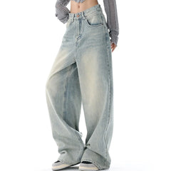 Hnewly Women Korean Style Jeans High Waist Washed Wide Leg Pants Fashion High Street Loose Retro Blue Light Blue Denim Trousers