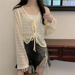 Hnewly Bow Front Cardigan for Women Petite Teen-girl Sheer Long Sleeve Tie-up Blouse Knit Top Beach Cover Up Y2K Fairycore Outfit