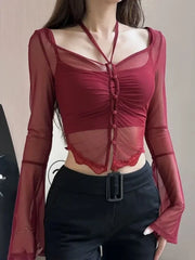Hnewly spring birthday outfit Red Basic 2 Piece Set Woman Slim Casual Blouse Office Lady Outfit Sexy Y2k Crop Tops Korean Fashion Clothing Chic Summer