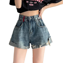 Hnewly Summer Contrast Color Pocket Women's High Waist Denim Shorts 2025 Korean Style Youthful Tassel Ripped Female Short Jeans Pants