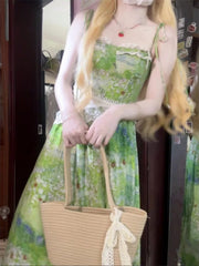 Hnewly French Sweet Floral Print Dress Women Casual Sleeveless Lace Slim Waist Even Party Clothing Korean Fashion Vintage Elegant