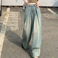Hnewly Retro Loose Folds Jeans for Women Spring Autumn Button High Waist Blue Straight Jeans Woman Pockets Wide Leg Pants Mujer