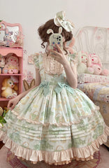 Hnewly Japanese Kawaii Lolita Jsk Dress Women Victorian Retro Ruffle Grape Print Bandage Bow Trailing Princess Dresses Party Mini Dress