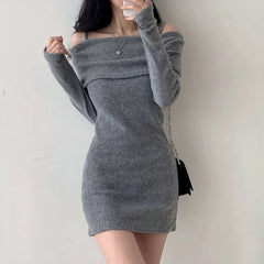 Hnewly Y2K Women Knitted Mini Dress Korean Sexy Off Shoulder Female Dress Spring New Spaghetti Strap Long Sleeve Ladies Vestidos