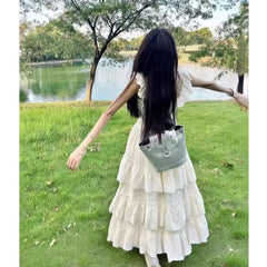 Hnewly Mid-Length Lace Insert Belted Hemline Sleeveless Empire Waist Gown for Women Elegant Coastline Holiday Style Cake Skirt