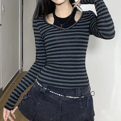Hnewly y2k Gothic Tops Women Grunge Clothes Casual Striped Patchwork Round Neck Long Sleeve T Shirts 2000s Clothing Streetwear