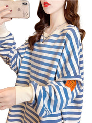 Hnewly Spring Autumn Striped Sweatshirts Women Casual Loose Long Sleeve Tops Korean Style Trend All-Matched Pullovers