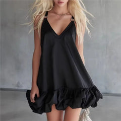 Lunivop Women's Dress V-neck Ruffle Suspender Style Spring And Summer New Loose Elegant Casual Solid Color Mini Short Dress