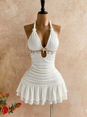 Lunivop White Halter Twist Bodycon Mini Dress With Shell And Starfish Decor Beach Resort Summer Outfit