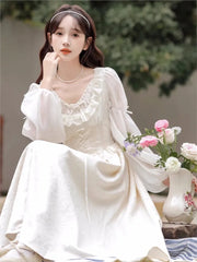 Hnewly French Slim Fairy Dress Lace-Up Patchwork A-Line Midi Dresses Korean Female Vintage Evening Party One Piece Vestido Mujer New