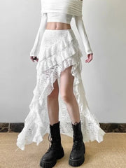 Hnewly Elegant Tulle Ruffle Skirt Women Boho Lace Vintage White Irregular Skirt Korean Style Summer Layered Mid Skirts Street